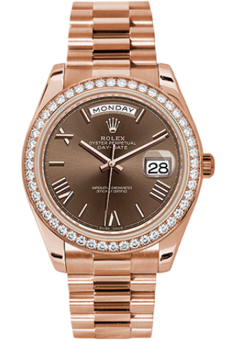 Rolex Everose Gold Day-Date 40 Watch - Everose Gold Bezel - Chocolate Bevelled Roman Dial - President Bracelet