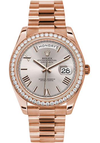 Rolex Everose Gold Day-Date 40 Watch - Everose Gold Bezel - Sundust Bevelled Roman Dial - President Bracelet