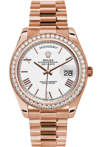 Rolex Everose Gold Day-Date 40 Watch - Everose Gold Bezel - White Bevelled Roman Dial - President Bracelet