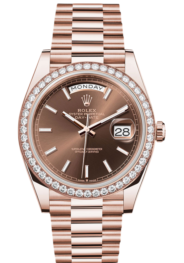 Rolex Everose Gold Day-Date 40 Watch - Diamond Bezel - Chocolate Index Dial - President Bracelet