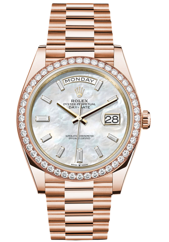 Rolex Everose Gold Day-Date 40 Watch - Diamond Bezel - White Mother-Of-Pearl Dial - President Bracelet