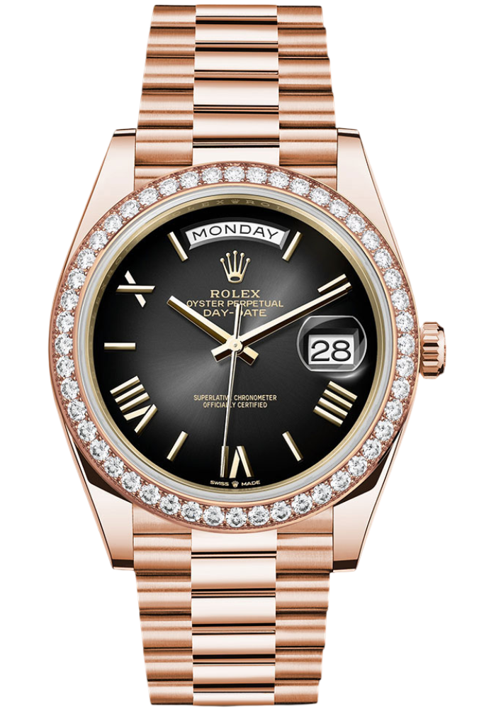 Rolex Everose Gold Day-Date 40 Watch - Diamond Bezel - Slate Ombré Roman Dial - President Bracelet