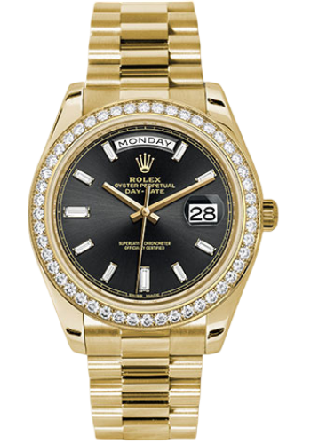 Rolex Yellow Gold Day-Date 40 Watch - Bezel - Black Baguette Diamond Dial - President Bracelet