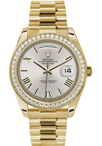 Rolex Yellow Gold Day-Date 40 Watch - Diamond Bezel - Silver Index Dial - President Bracelet