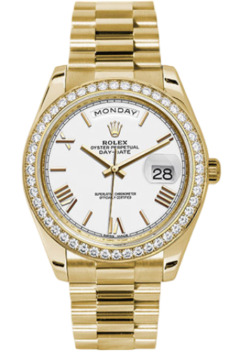 Rolex Yellow Gold Day-Date 40 Watch - Bezel - White Bevelled Roman Dial - President Bracelet