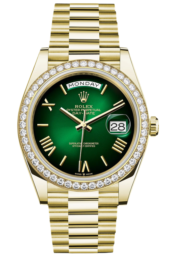 Rolex Yellow Gold Day-Date 40 Watch - Diamond Bezel - Green Ombré Roman Dial - President Bracelet