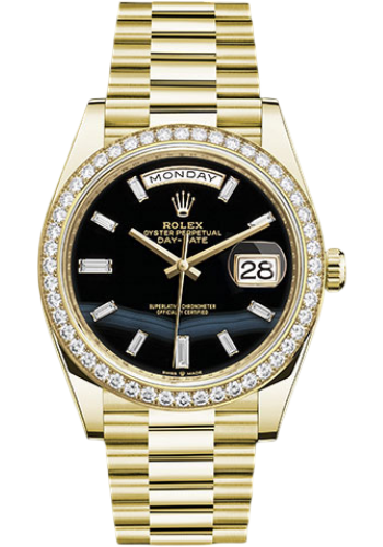 Rolex Yellow Gold Day-Date 40 Watch - Diamond Bezel - Onyx Dial - President Bracelet