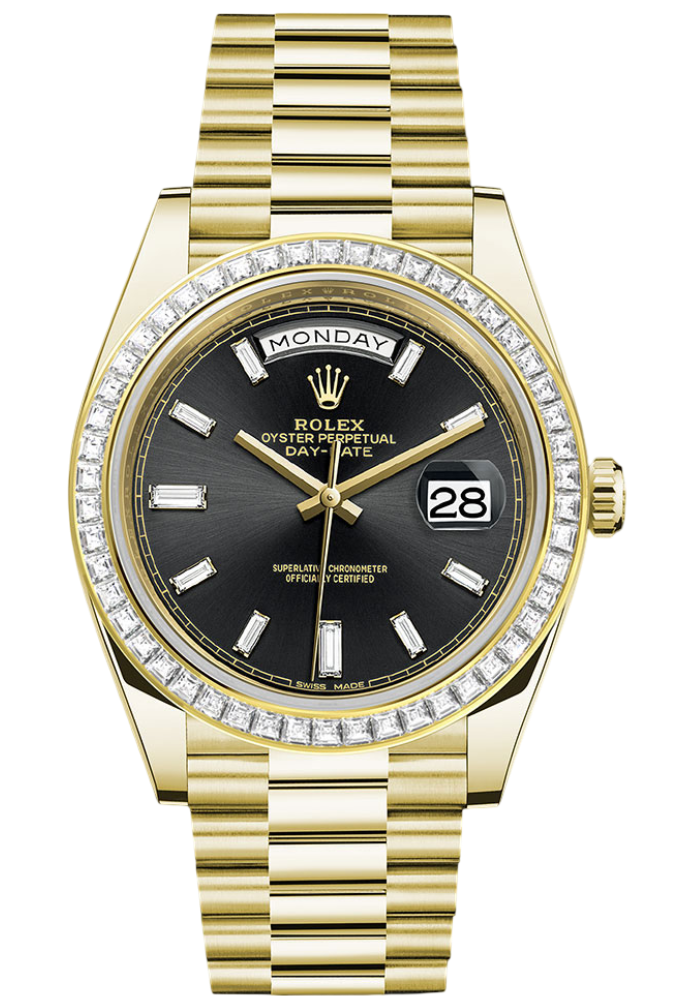 Rolex Yellow Gold Day-Date 40 Watch - Yellow Gold Bezel - Black Baguette Diamond Dial - President Bracelet
