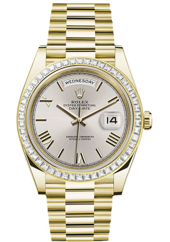 Rolex Yellow Gold Day-Date 40 Watch - Baguette Diamond Bezel - Silver Bevelled Roman Dial - President Bracelet