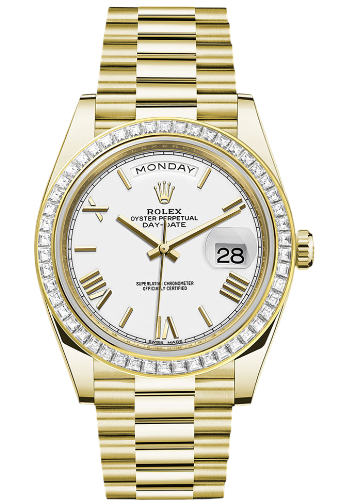Rolex Yellow Gold Day-Date 40 Watch - Baguette Diamond Bezel - White Bevelled Roman Dial - President Bracelet