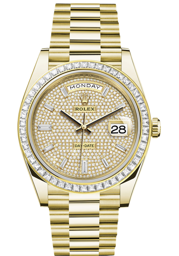 Rolex Yellow Gold Day-Date 40 Watch - Baguette Diamond Bezel - Diamond-Paved Dial - President Bracelet