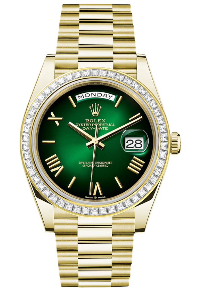 Rolex Yellow Gold Day-Date 40 Watch - Diamond Bezel - Green Ombré Roman Dial - President Bracelet