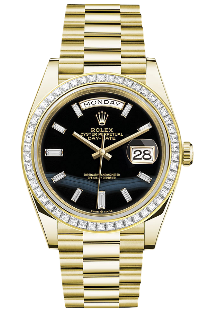 Rolex Yellow Gold Day-Date 40 Watch - Baguette Diamond Bezel - Onyx Dial - President Bracelet