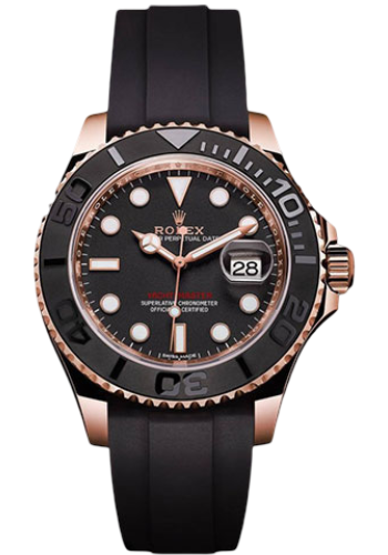 Rolex Everose Gold Yacht-Master 37 Watch - Matt Black Dial - Oysterflex Strap