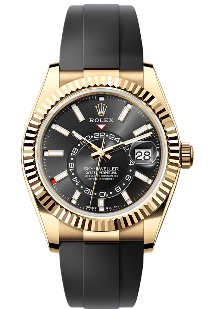 Rolex Yellow Gold Sky-Dweller Watch - Fluted Ring Command Bezel - Black Index Dial - Oysterflex Strap
