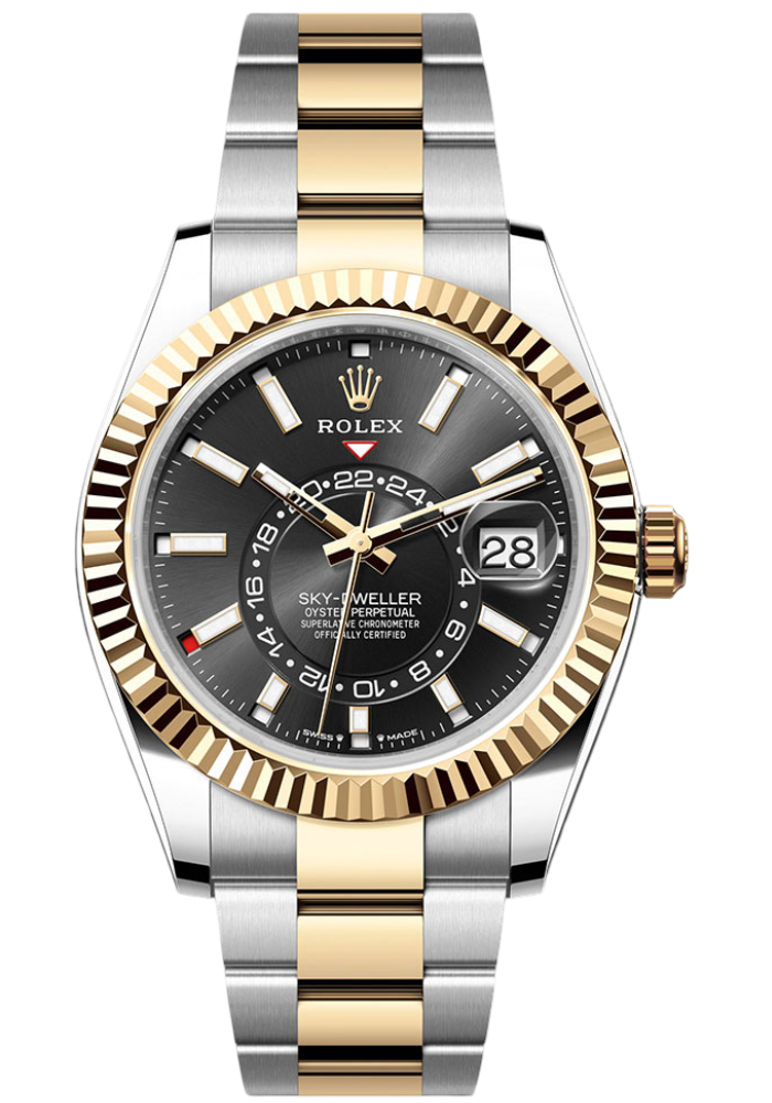Rolex Yellow Rolesor Sky-Dweller Watch - Fluted Ring Command Bezel - Black Index Dial - Oyster Bracelet