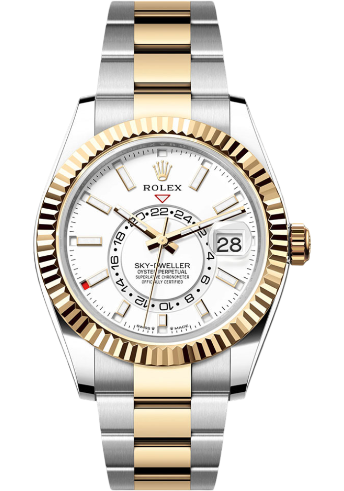 Rolex Yellow Rolesor Sky-Dweller Watch - Fluted Ring Command Bezel - White Index Dial - Oyster Bracelet