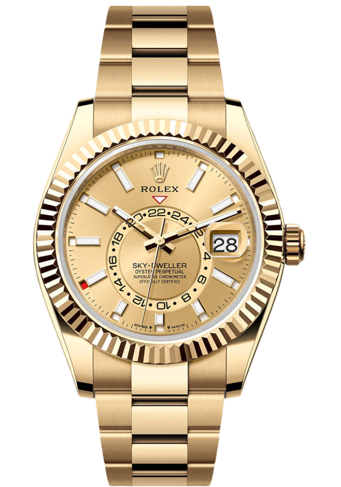 Rolex Yellow Gold Sky-Dweller Watch - Fluted Ring Command Bezel - Champagne Index Dial - Oyster Bracelet