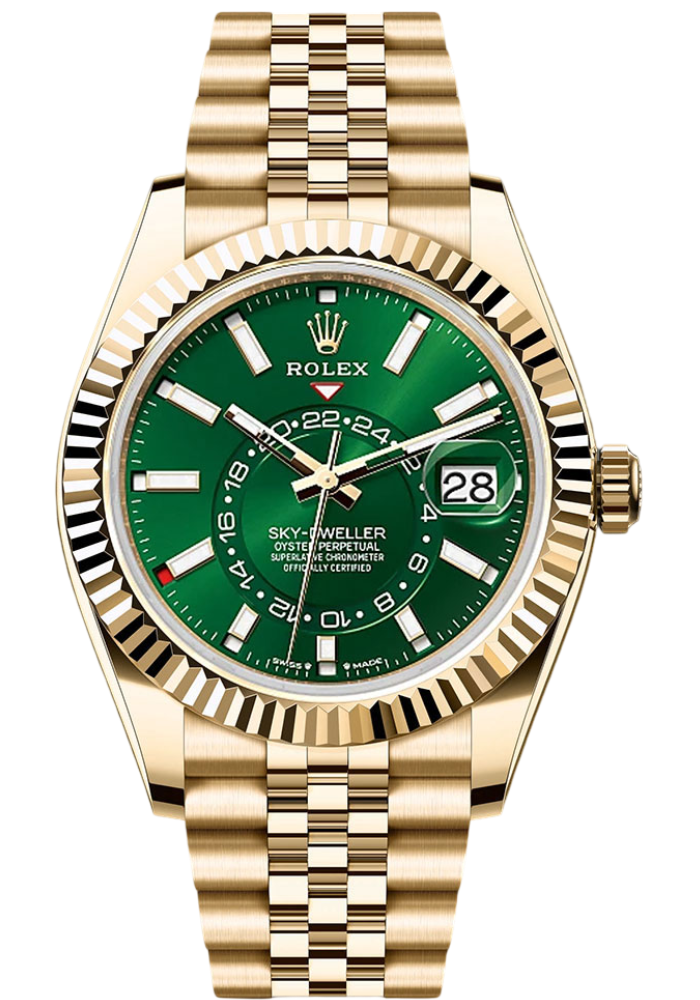 Rolex Yellow Gold Sky-Dweller Watch - Fluted Ring Command Bezel - Green Dial - Jubilee Bracelet