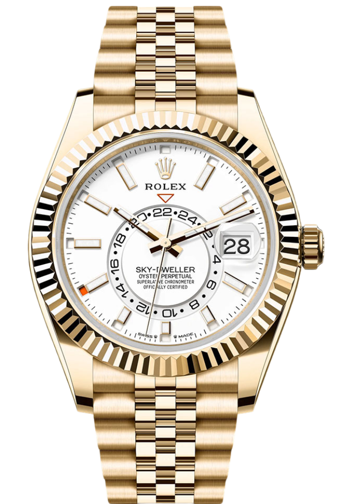 Rolex Yellow Gold Sky-Dweller Watch - Fluted Ring Command Bezel - White Index Dial - Jubilee Bracelet