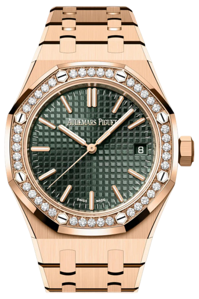 Audemars Piguet Royal Oak Khaki Green Dial Rose Gold Diamond Bezel Watch 15551OR.ZZ.1356OR.06