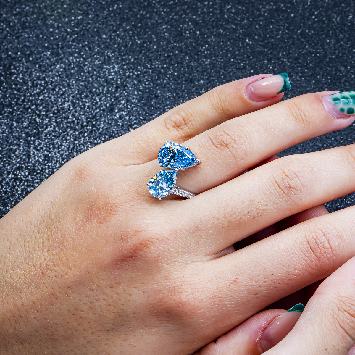 14K GOLD TOI ET MOI LAB DIAMOND PEAR SHAPE BLUE DIAMOND ENGAGEMENT RING 5.54 CTW
