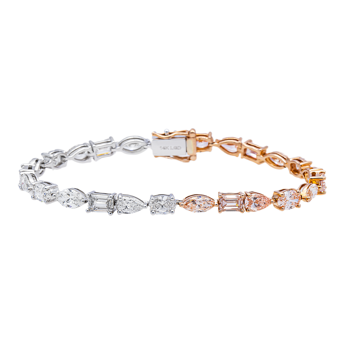14K GOLD TWO-TONE MULTI-SHAPE LAB DIAMOND TENNIS BRACELET 11.10 CTW