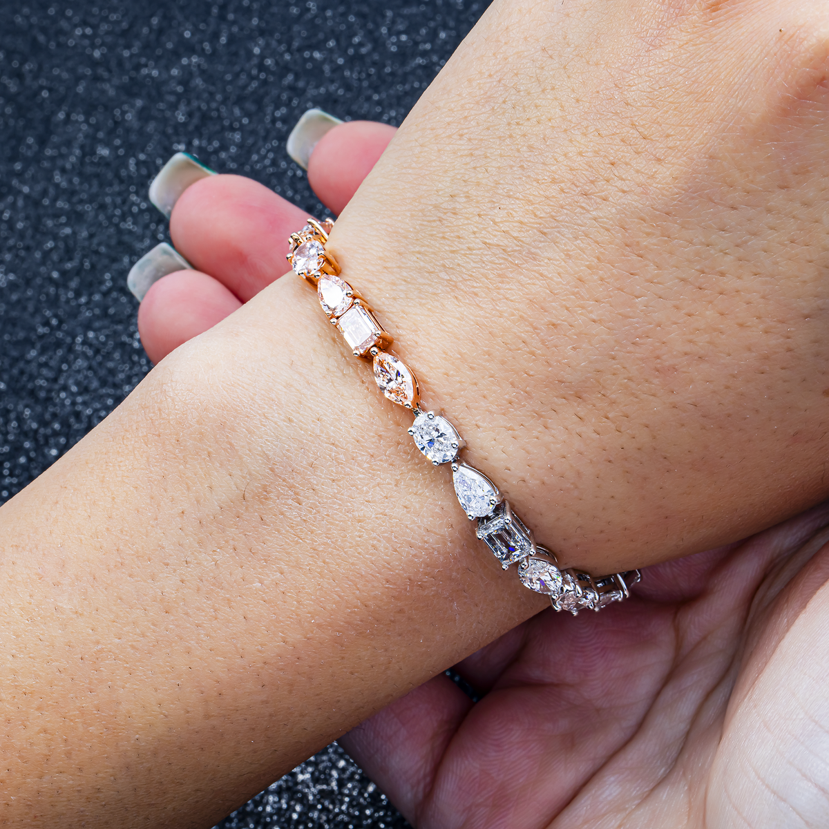 14K GOLD TWO-TONE MULTI-SHAPE LAB DIAMOND TENNIS BRACELET 11.10 CTW