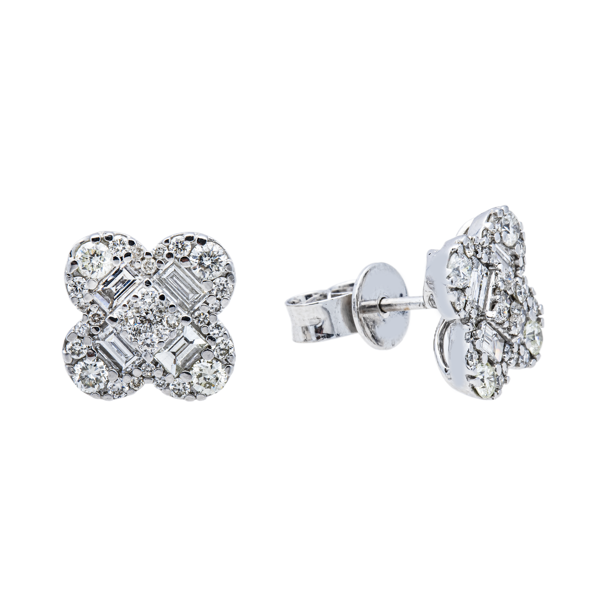 14K GOLD BAGUETTE AND ROUND LAB GROWN DIAMOND CLOVER EARRINGS 1.41 CTW