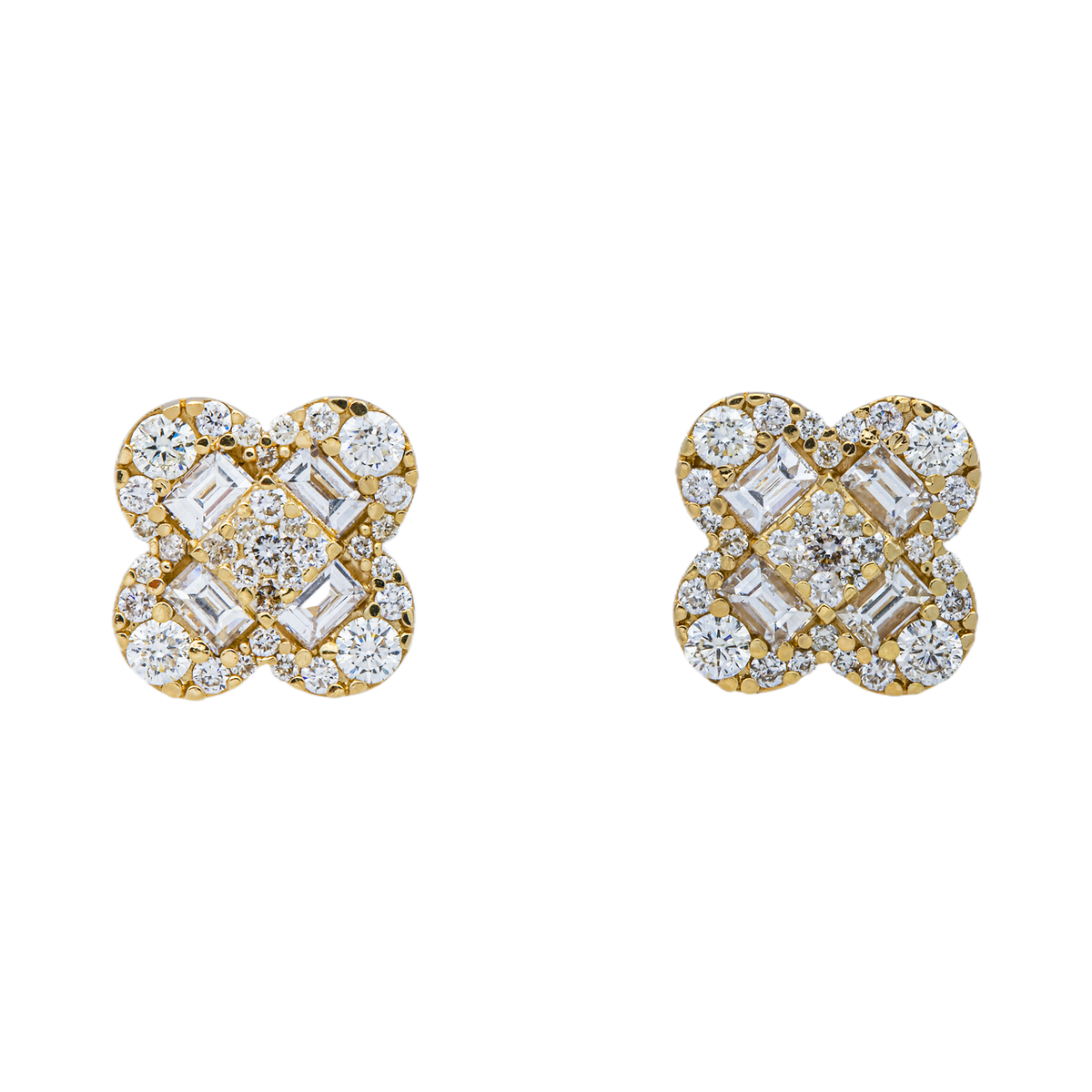 14K GOLD BAGUETTE AND ROUND LAB GROWN DIAMOND CLOVER EARRINGS 1.41 CTW