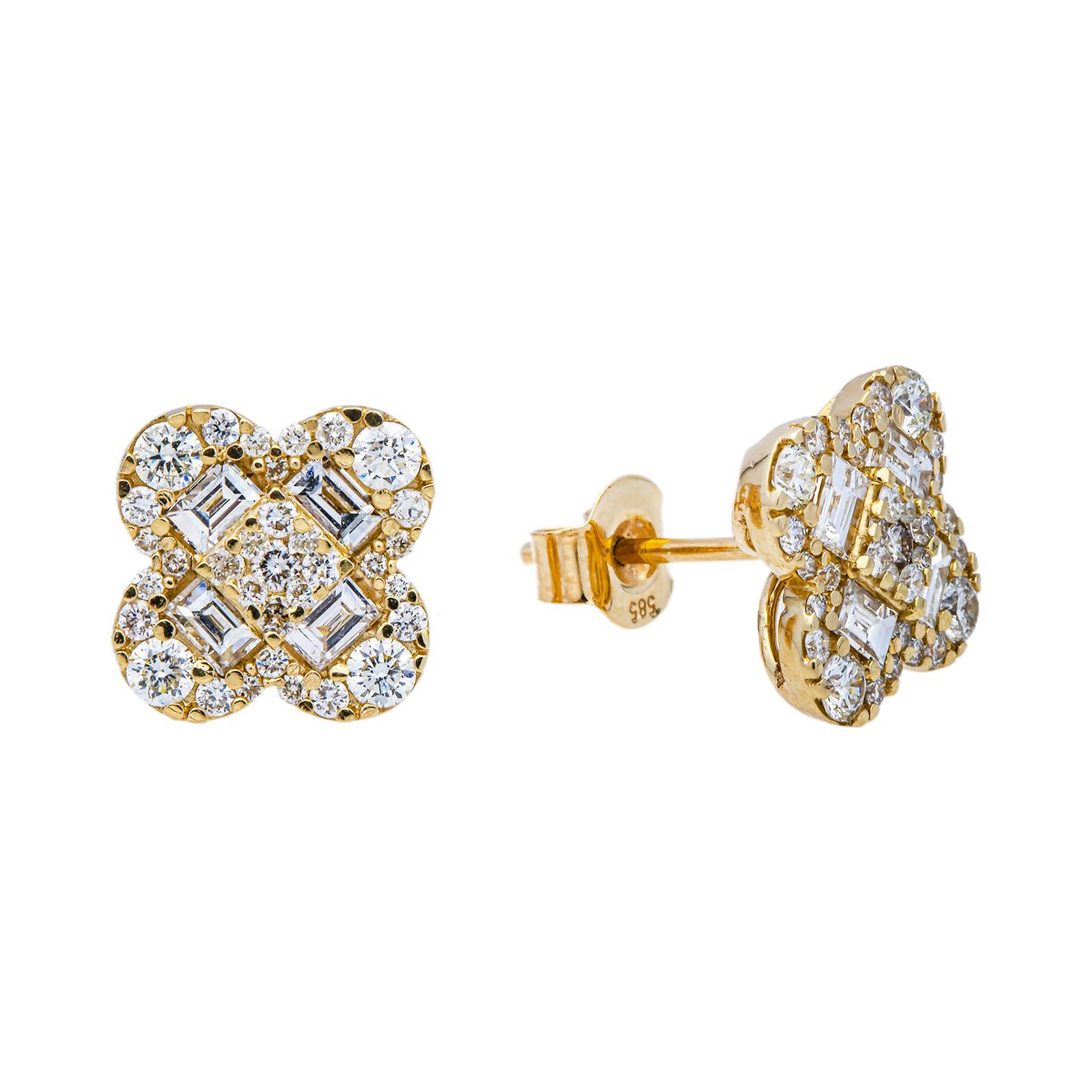 14K GOLD BAGUETTE AND ROUND LAB GROWN DIAMOND CLOVER EARRINGS 1.41 CTW