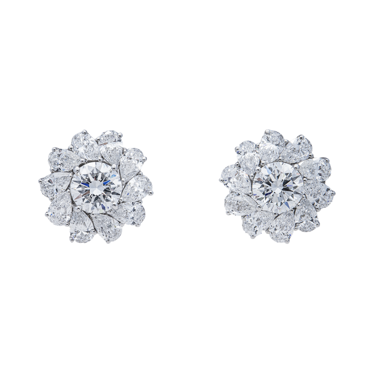 10K GOLD ROUND AND PEAR SHAPE LAB DIAMOND SHARED PRONG FLORAL EARRINGS 3.85CTW