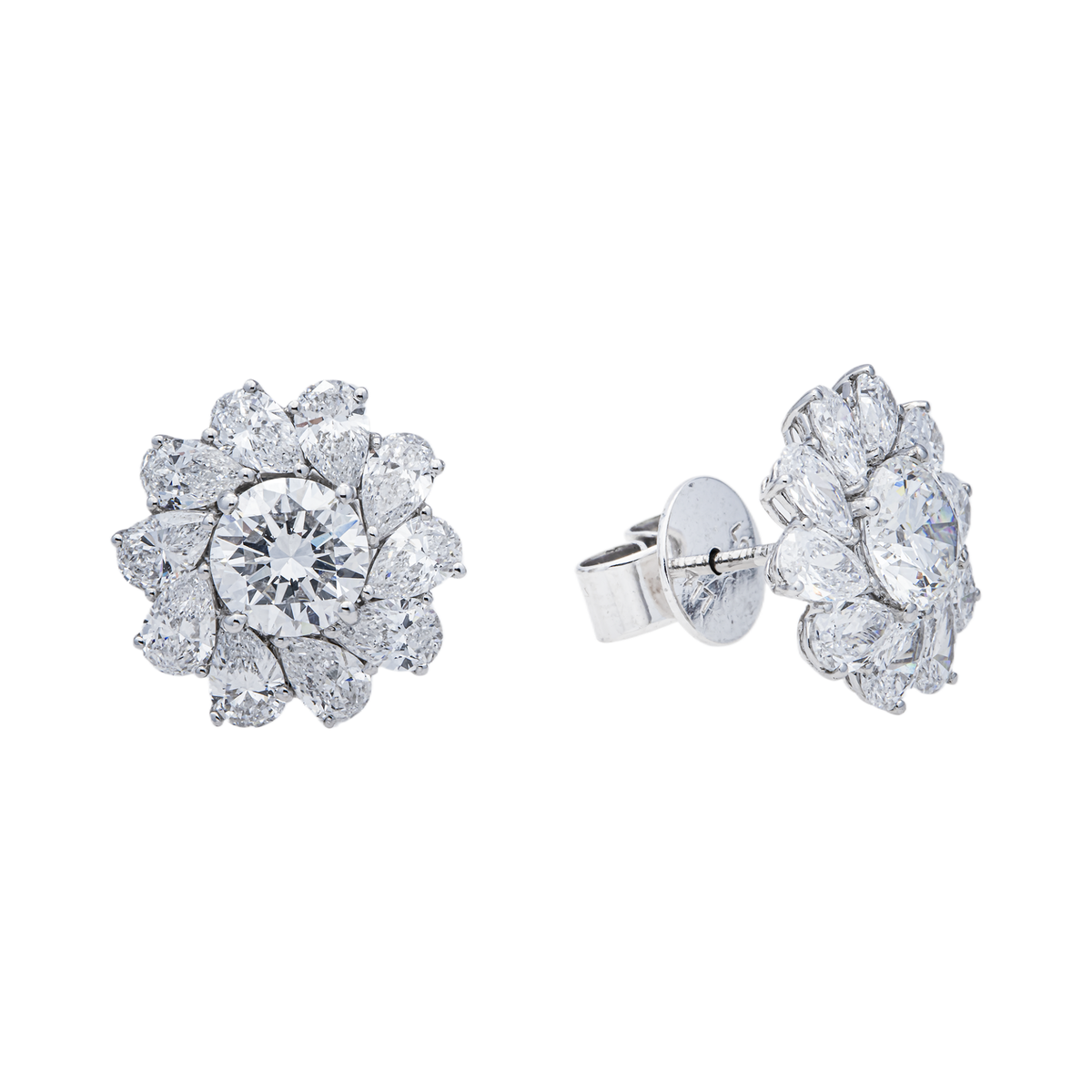 10K GOLD ROUND AND PEAR SHAPE LAB DIAMOND SHARED PRONG FLORAL EARRINGS 3.85CTW