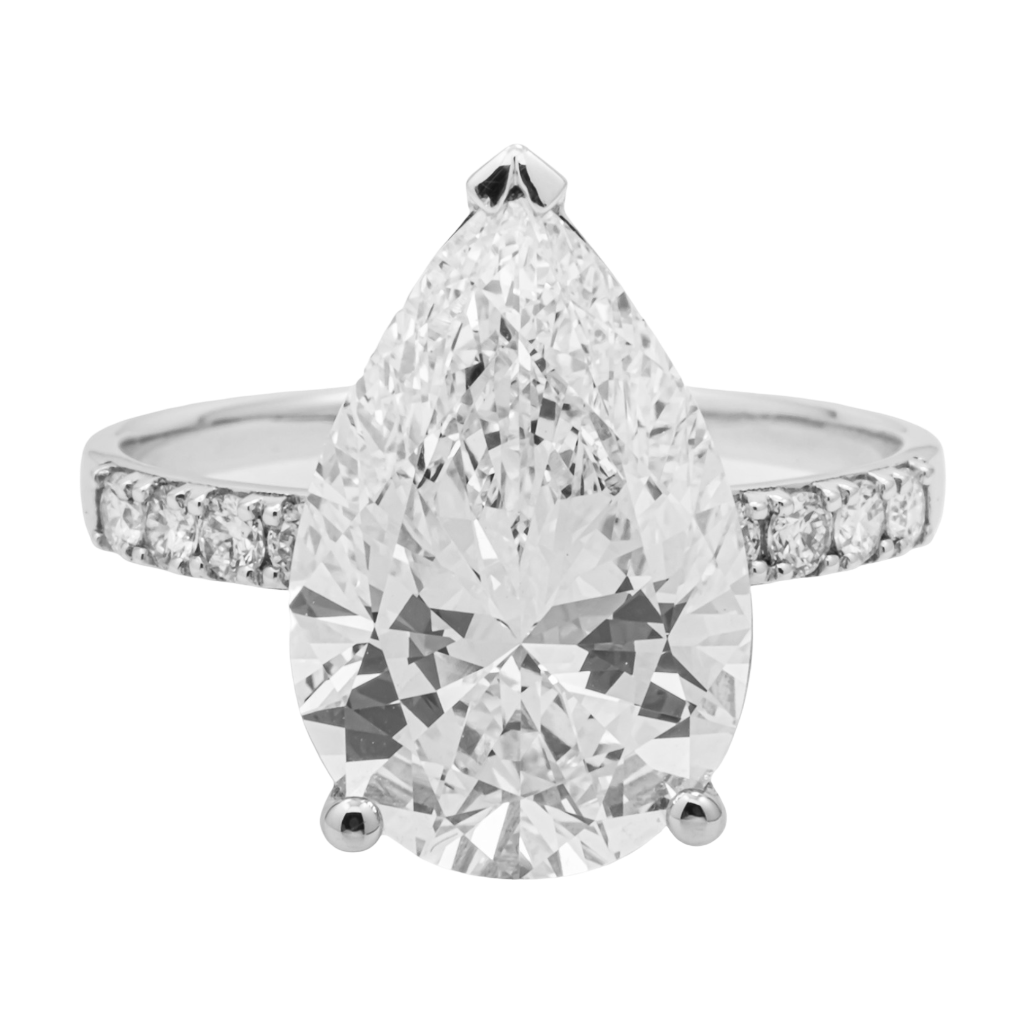 5.25 Carat Pear Lab Grown Diamond Engagement Ring with Pavé Band in 18K White Gold