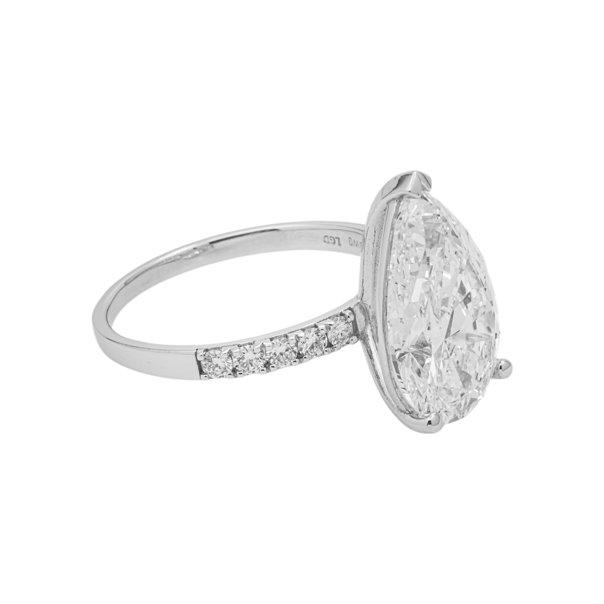 5.25 Carat Pear Lab Grown Diamond Engagement Ring with Pavé Band in 18K White Gold