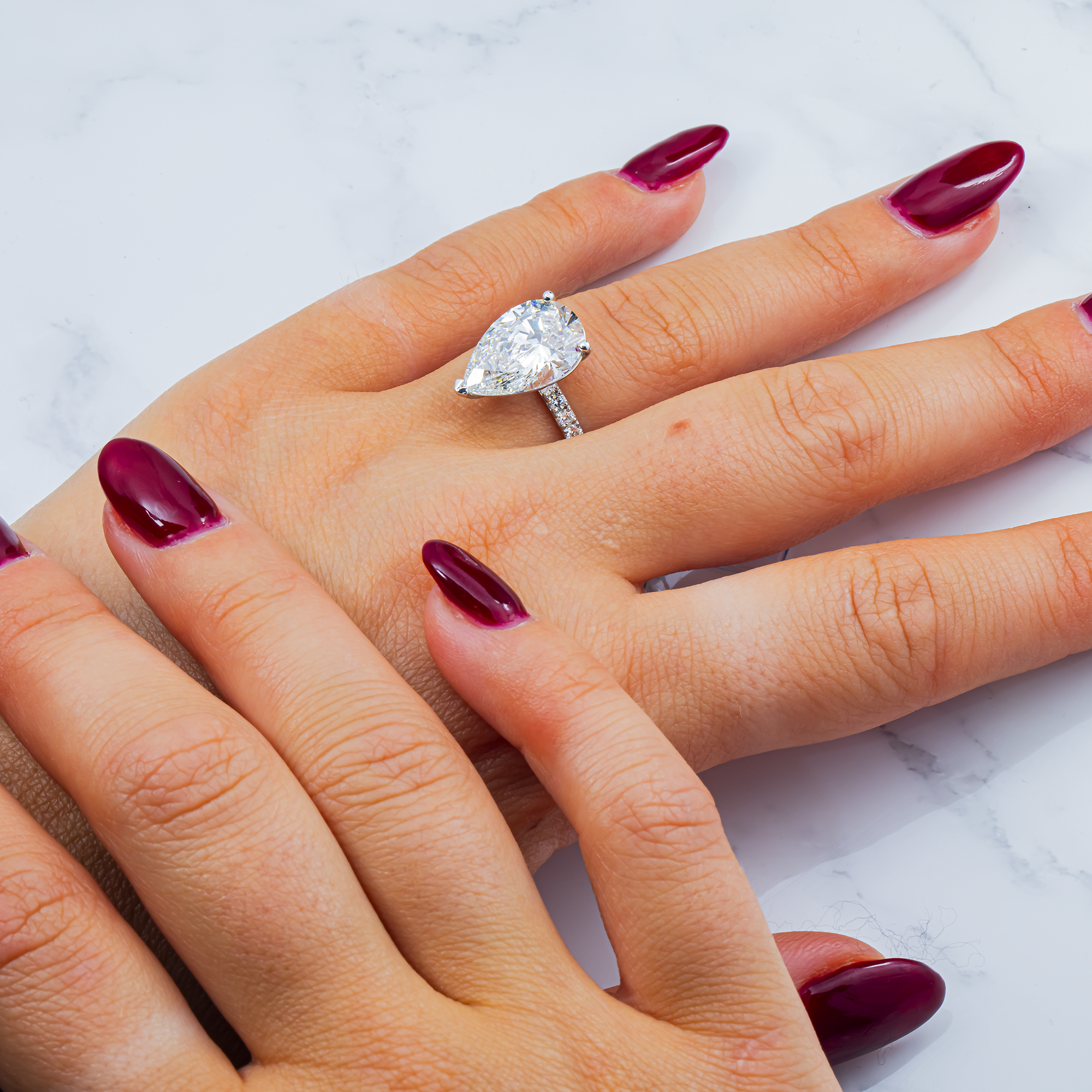 5.25 Carat Pear Lab Grown Diamond Engagement Ring with Pavé Band in 18K White Gold