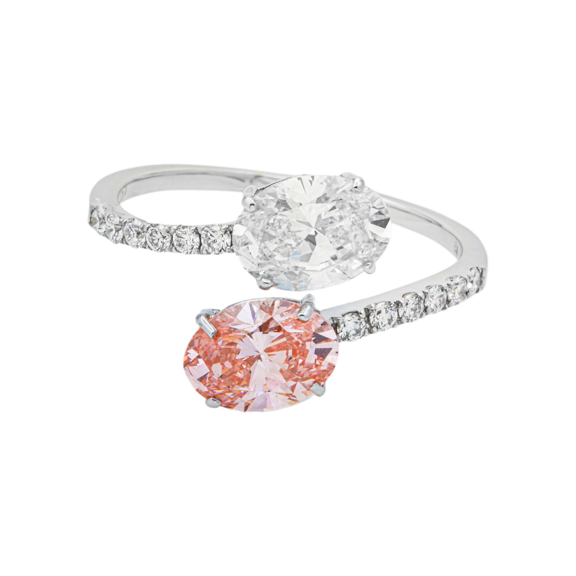 Pink and White Oval Lab Grown Diamond Toi et Moi Ring with Pavé Band – 18K White Gold