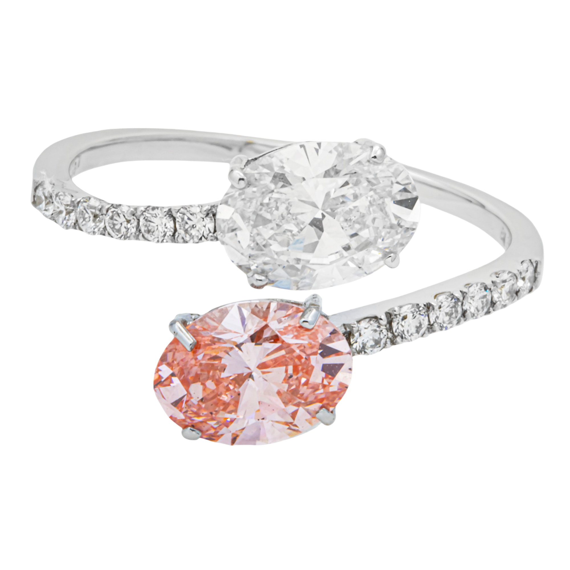 Pink and White Oval Lab Grown Diamond Toi et Moi Ring with Pavé Band – 18K White Gold