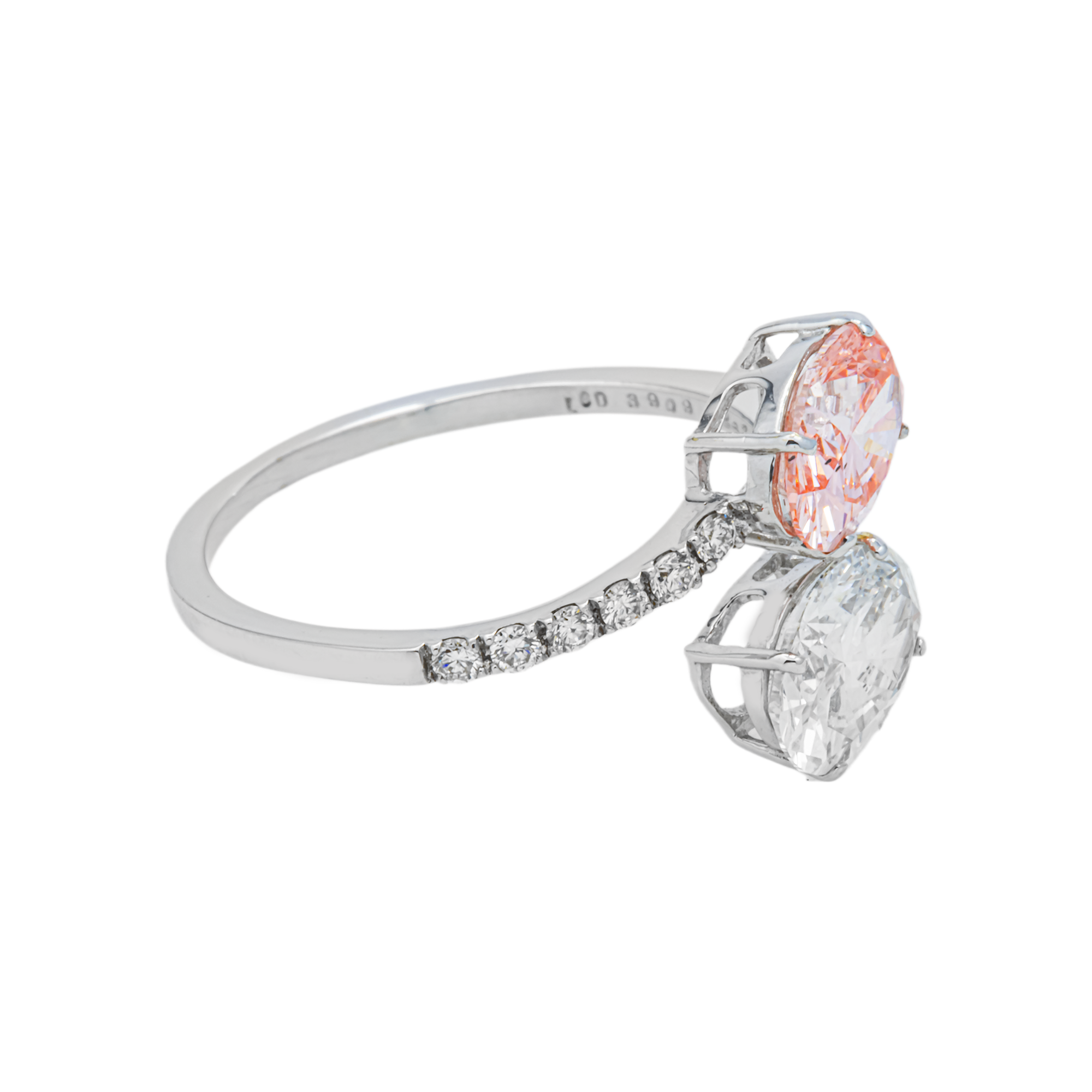Pink and White Oval Lab Grown Diamond Toi et Moi Ring with Pavé Band – 18K White Gold