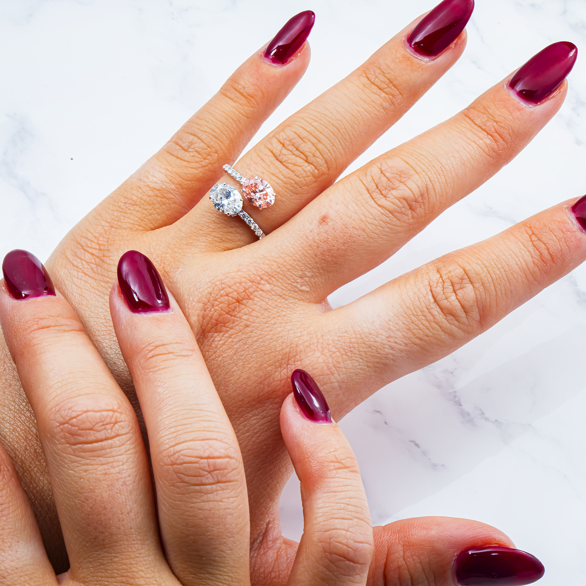 Pink and White Oval Lab Grown Diamond Toi et Moi Ring with Pavé Band – 18K White Gold