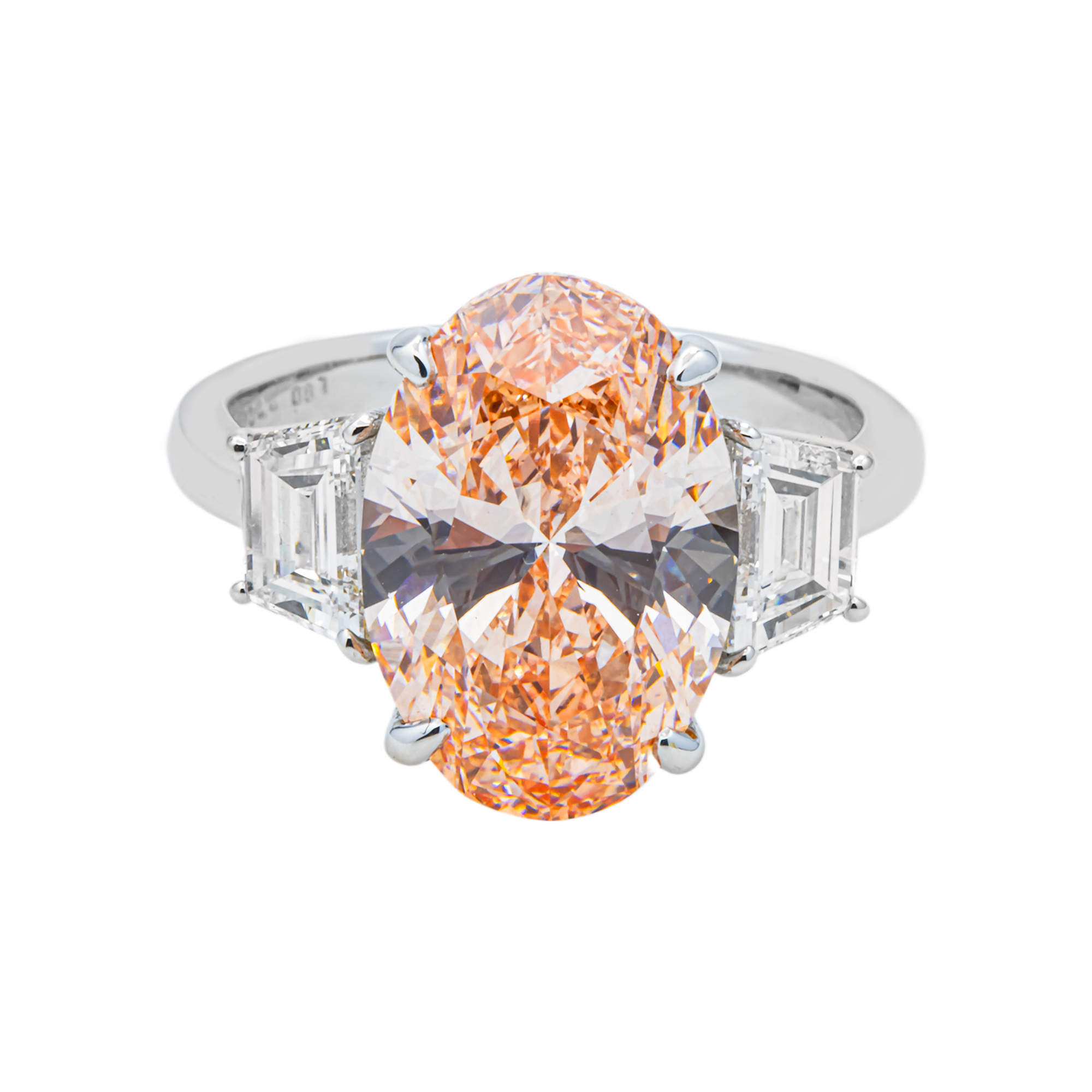 Vivid Pink Oval Lab Grown Diamond Engagement Ring with Trapezoid Side Stones – 6.4 Carats Total, 18K White Gold