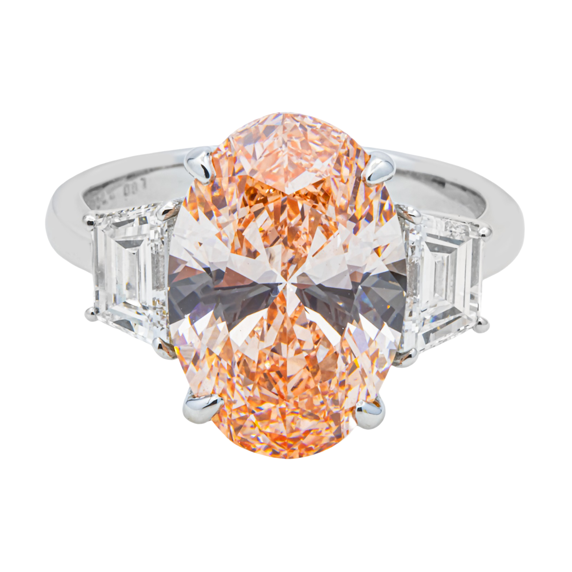 Vivid Pink Oval Lab Grown Diamond Engagement Ring with Trapezoid Side Stones – 6.4 Carats Total, 18K White Gold