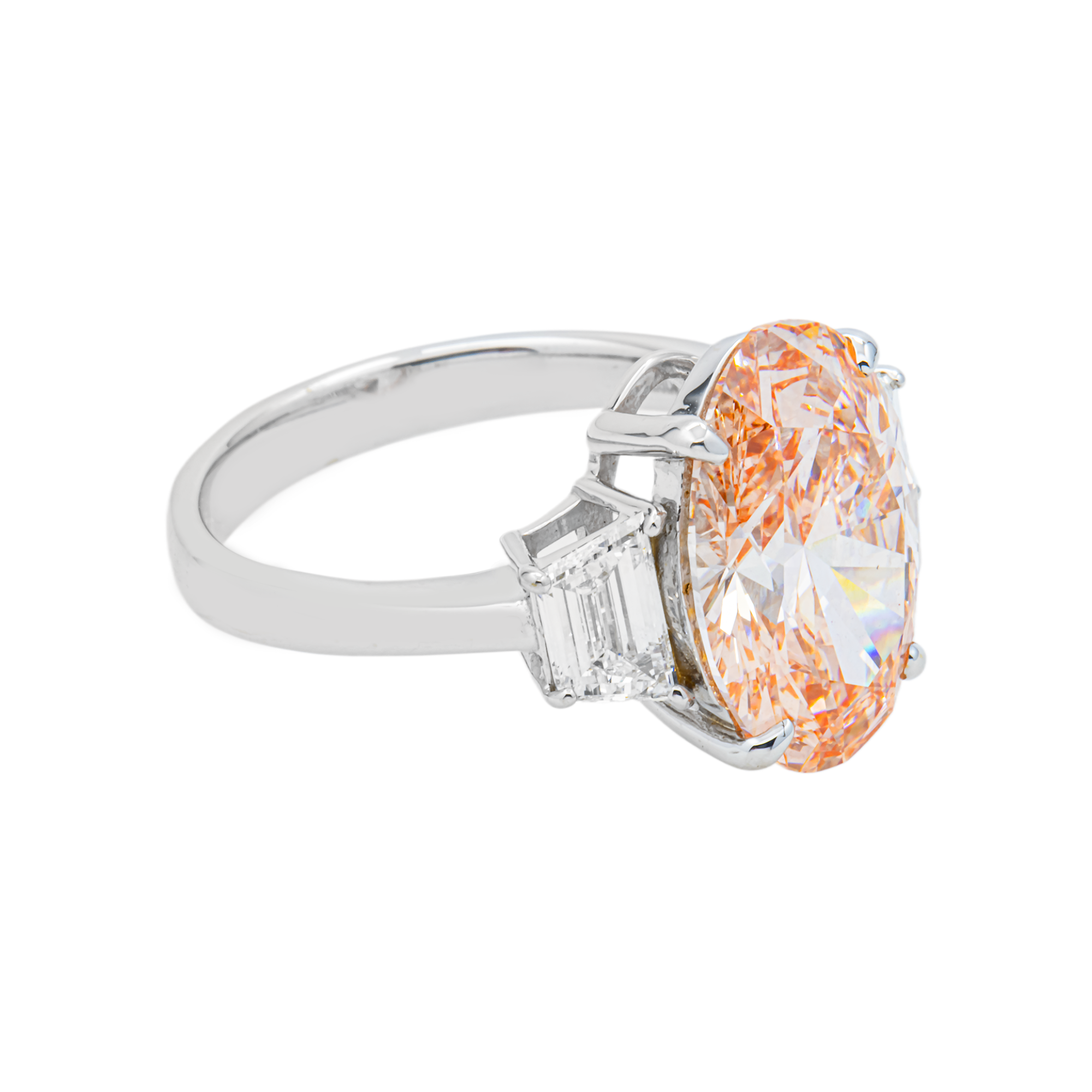 Vivid Pink Oval Lab Grown Diamond Engagement Ring with Trapezoid Side Stones – 6.4 Carats Total, 18K White Gold