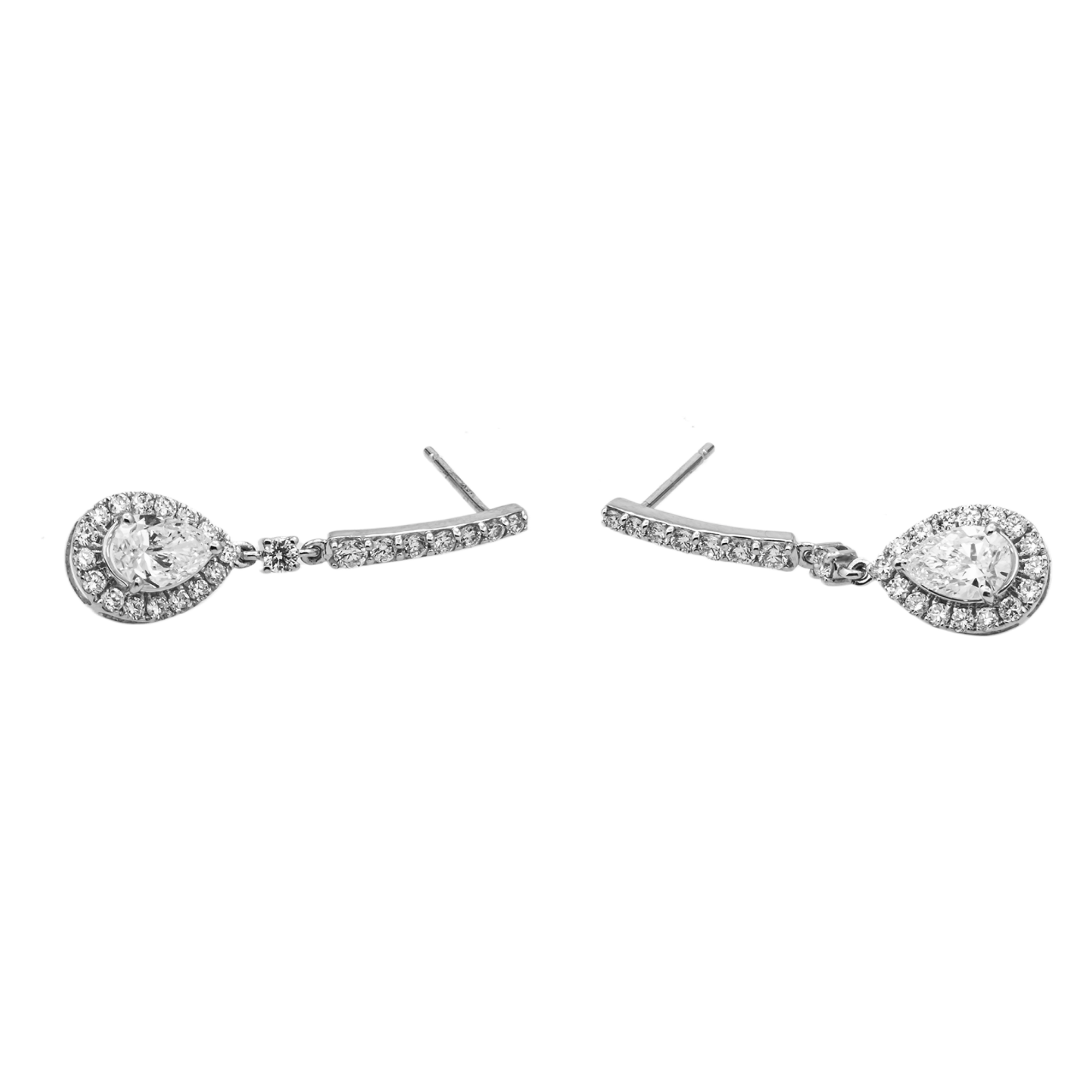 Pear Shape Lab Grown Diamond Halo Drop Earrings – 2.00 Carats Total, 18K White Gold