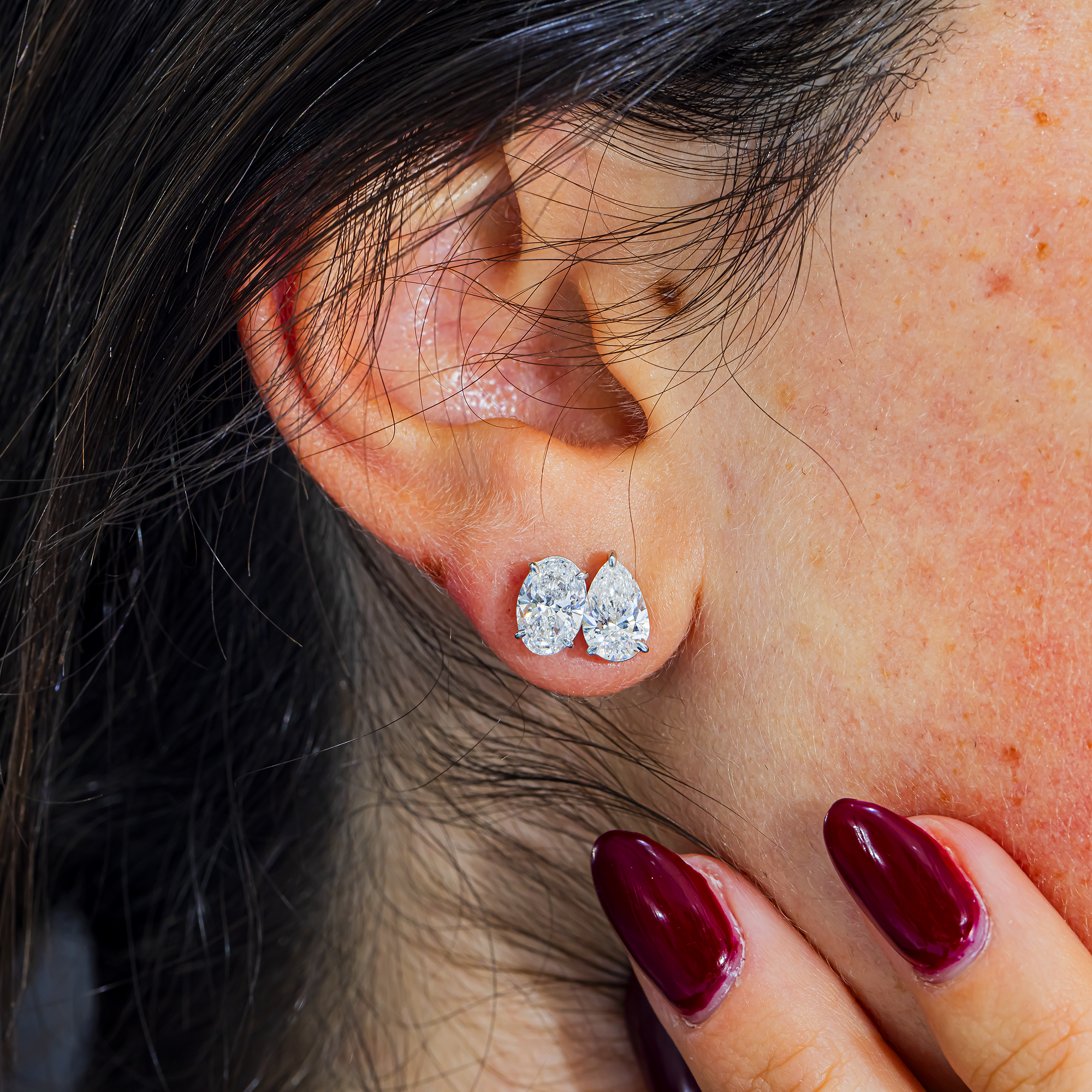 Oval and Pear Lab Grown Diamond Toi et Moi Stud Earrings – 4.00 Carats Total, 18K White Gold