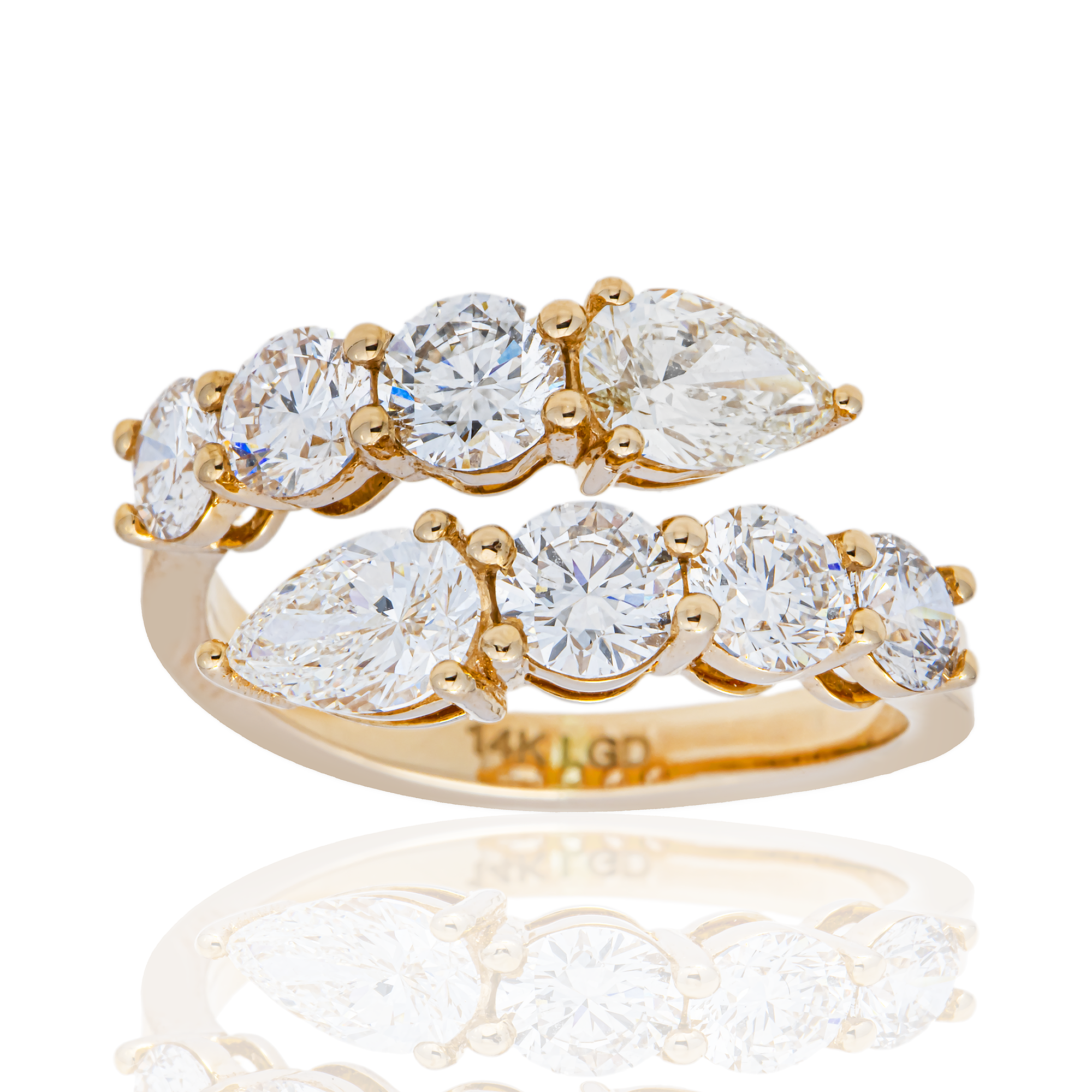 Pear Shape & Round Lab Diamond Crossover Ring in 14K Yellow Gold