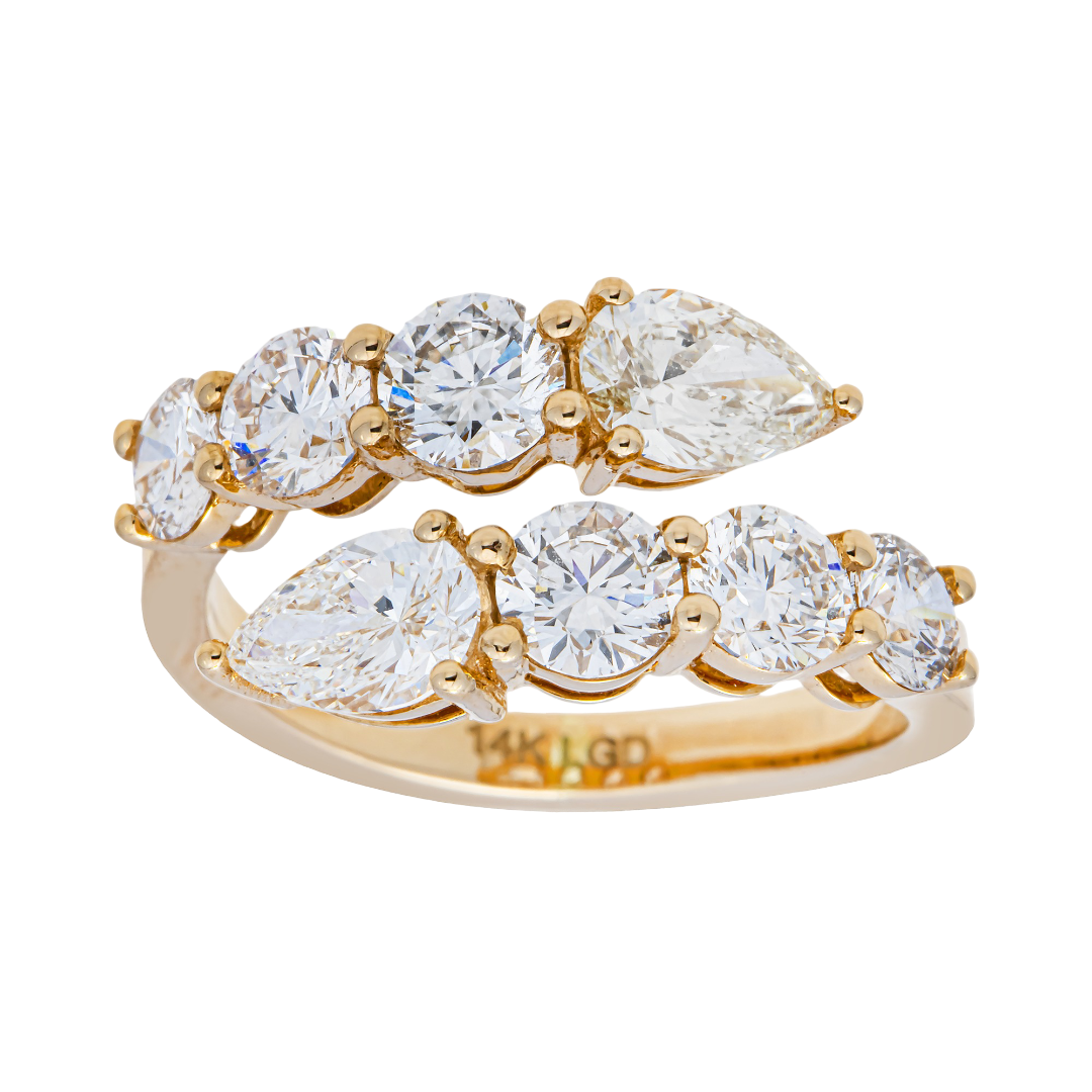 Pear Shape & Round Lab Diamond Crossover Ring in 14K Yellow Gold
