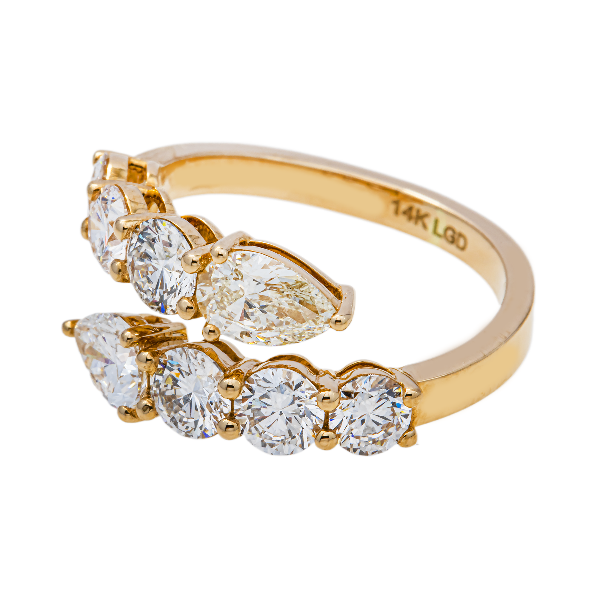 Pear Shape & Round Lab Diamond Crossover Ring in 14K Yellow Gold