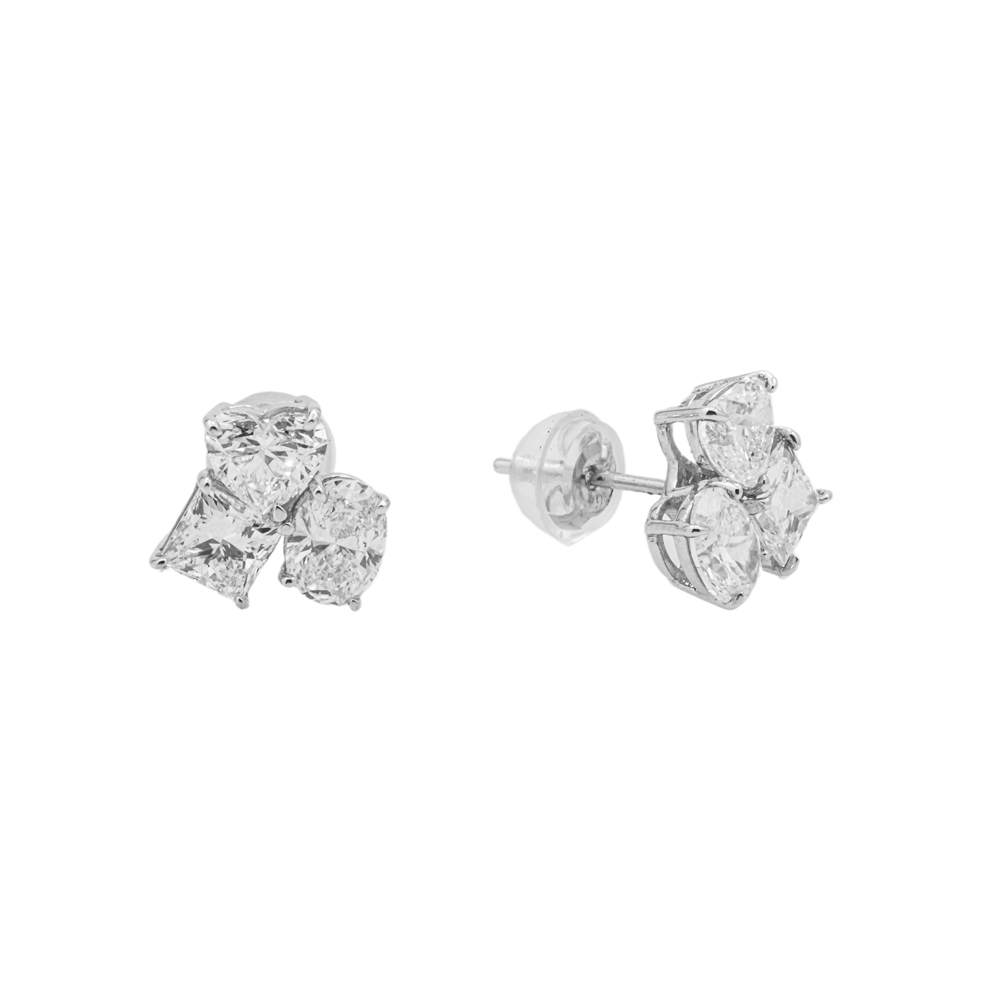 Multi Shape Lab Grown Diamond Cluster Stud Earrings – Heart, Princess & Oval – 2.00 Carats Total, 18K White Gold