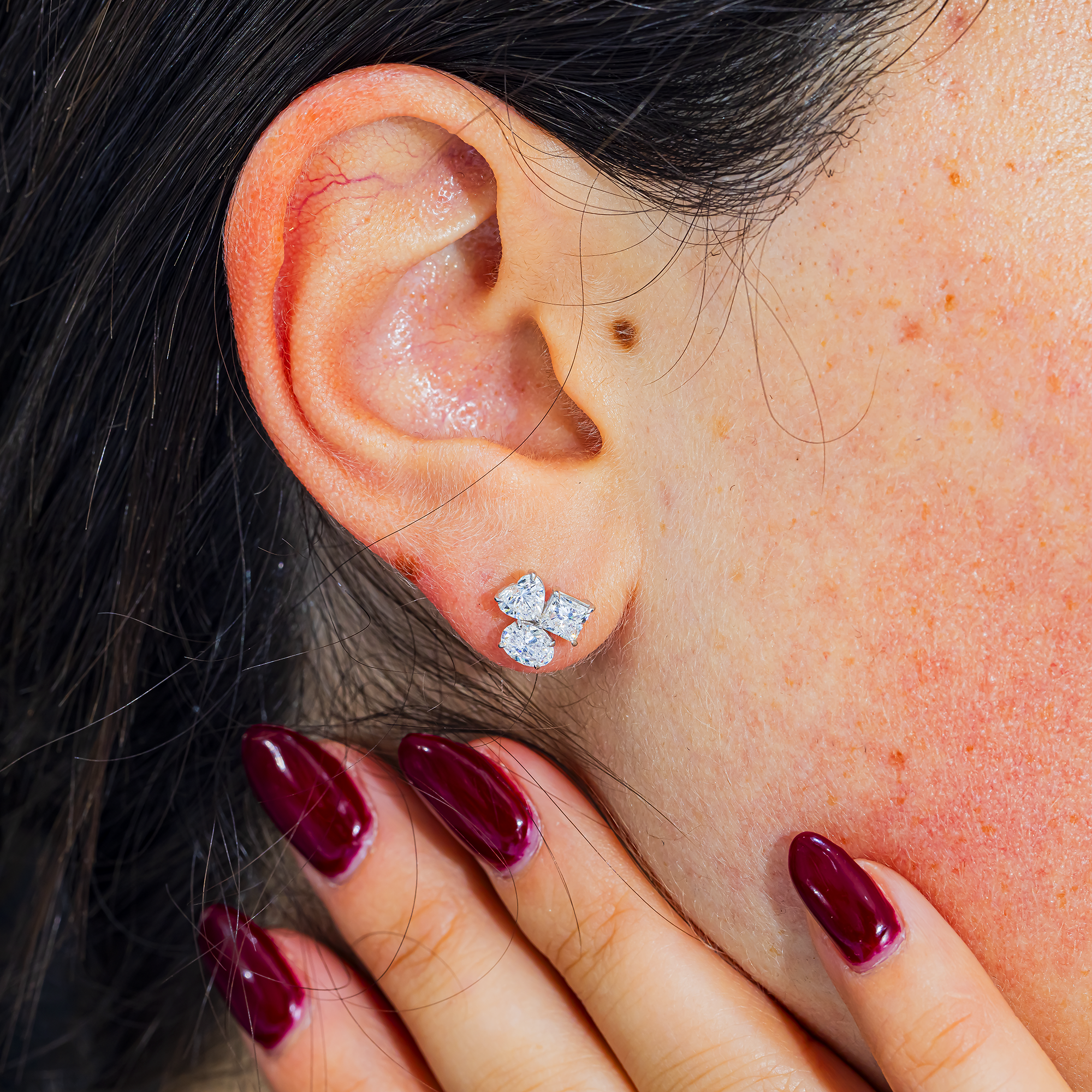 Multi Shape Lab Grown Diamond Cluster Stud Earrings – Heart, Princess & Oval – 2.00 Carats Total, 18K White Gold